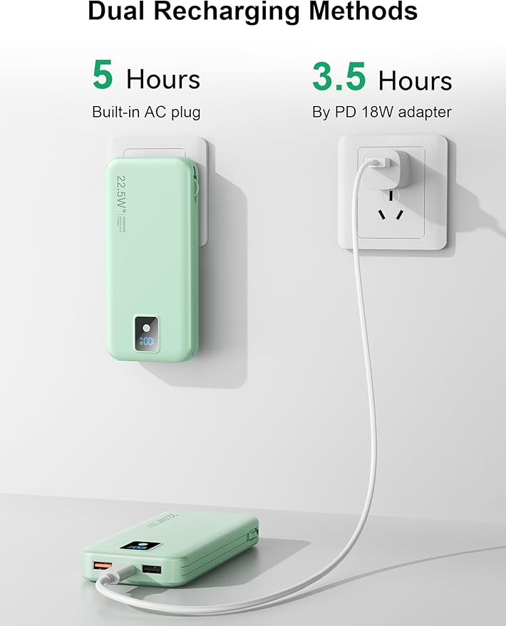 Portable Charger, 12000mAh 22.5W Fast Charging Power Bank with Built-in Cables & Wall Plug, Travel Essentials Battery Pack with LED Display, USB C External Battery Bank for iPhone iPad, Samsung Green