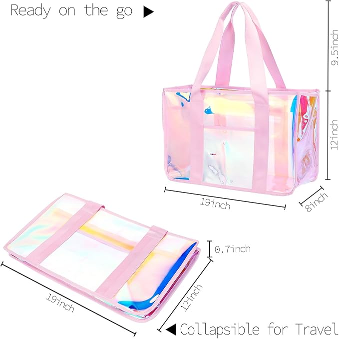 Fammart Iridescent Clear Beach Bag for Women, Jelly Tote Bag Waterproof Sandproof Pool Bag Cruise Vacation Essentials