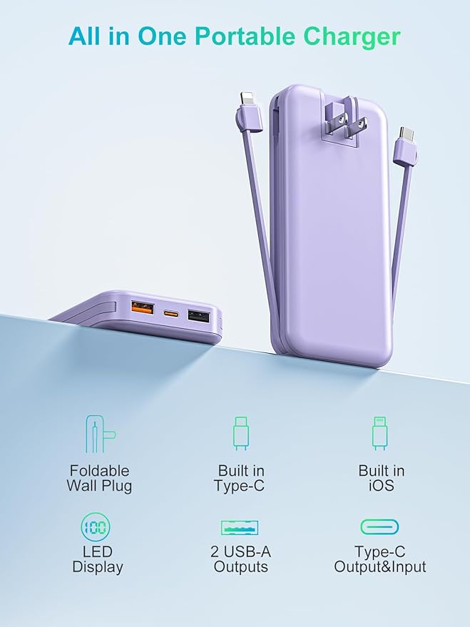 Portable Charger, 10000mAh PD20W USB C Fast Charging Power Bank with Built-in Cables and AC Wall Plug, Smart LED Display Travel Essentials Battery Pack Compatible with iPhone, iPad, Samsung etc Purple