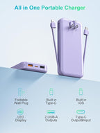 Portable Charger, 10000mAh PD20W USB C Fast Charging Power Bank with Built-in Cables and AC Wall Plug, Smart LED Display Travel Essentials Battery Pack Compatible with iPhone, iPad, Samsung etc Purple