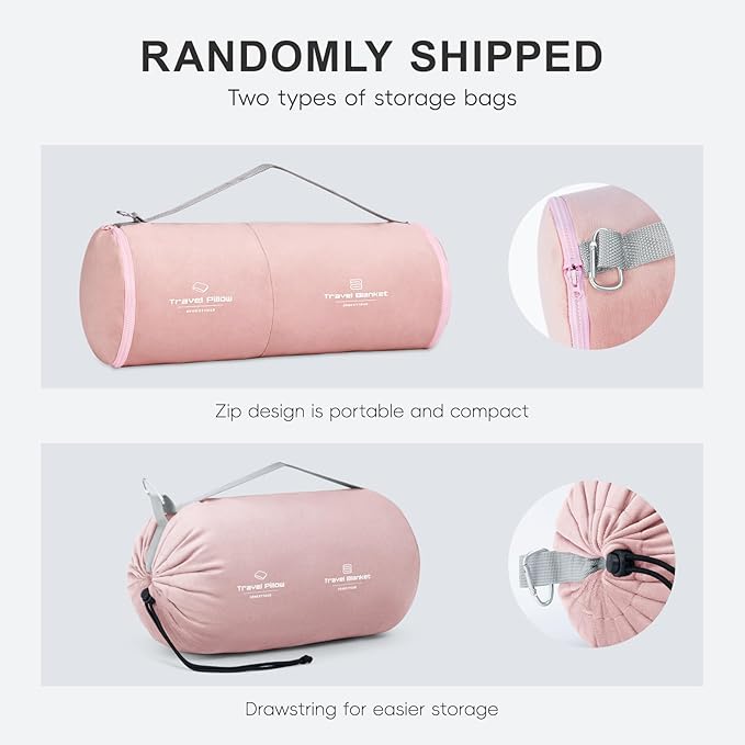urnexttour Travel Pillow and Blanket Set Neck Pillows Soft Blankets with Sleep Mask Travel Essentials for Airplane Car Memory Foam Pink