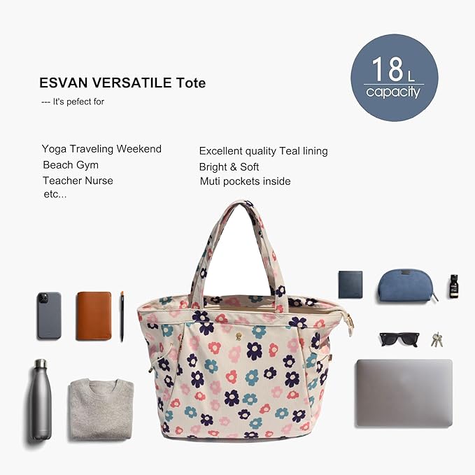 ESVAN Corduroy Yoga Tote Bag Gifts for Women Drawstring Yoga Mat Bag for Office Workout Travel Carryall Pilates Gym