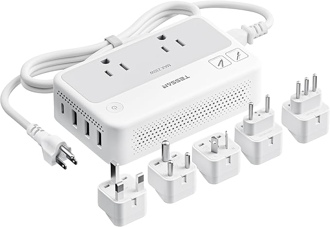 TESSAN 220V to 110V Voltage Converter, Universal Travel Power Adapter Combo with International Plug (Type C/G/D/I/L), 2AC 4 USB Ports(1 USBC)，230W Max Step Down Transformer for US to Europe