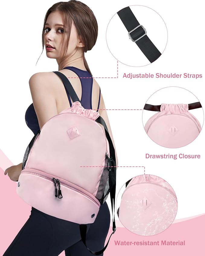RHDZO Drawstring Backpack Gym Backpack with Shoe Compartment for Men Women String Sports Bag with Wet Pocket Cinch Swim Beach Bag, Large Pink
