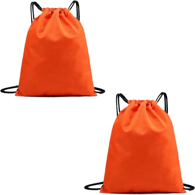 2-Pack Waterproof Drawstring Backpacks, Soccer-Texture Oxford Fabric, 16.9" × 13.8", Lightweight 0.19 lb Each, No Eyelets, Gym & Marathon Gear Sacks(Orange)