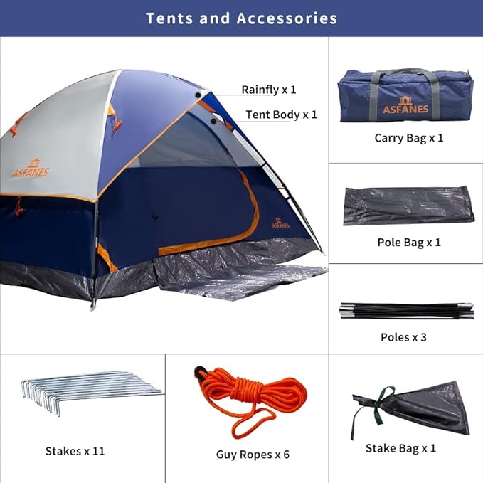 ASFANES Sundome Camping Tent with Rainfly, 2/4/6/10 Person Tent Sets Up in 10 Mins, Weatherproof Shelter for Camping, Festivals, Backyard, Sleepovers, & More