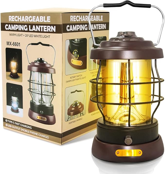 Retro Camping Lantern Rechargeable 1500LM 2 Modes Dimmable,Portable Electric Hurricane Lamp Hands-Free Flashlight,5000 mA High Capacity Battery LED Lanterns for Power Outages Indoor