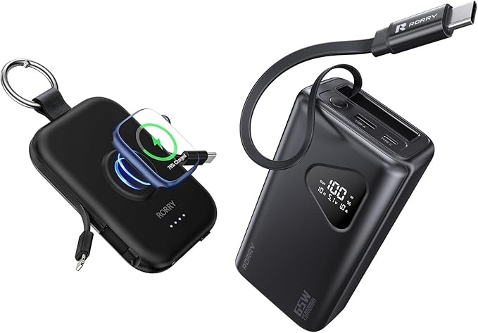 RORRY Portable Charger, 5000mAh Portable Charger Power Bank with Built-in Cables Laptop Power Bank, 25000mAh 65W Portable Laptop Charger