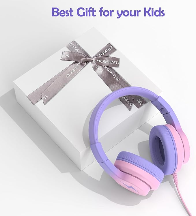 Candy Bila Kids Headphones, Wired Headphones for Kids Over Ear with Microphone, 85/94dB Volume Limiter Headphone for Girls Boys, Foldable Headphone for Learning & Entertainment, Gradient Red