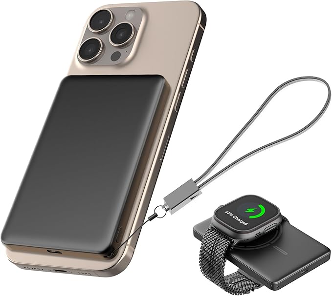 JUOVI Magnetic Wireless Power Bank Ultra-Slim 5000mAh Portable Charger 20W PD Fast Charging Mini Battery Pack with USB-C Cable Compatible for Magsafe Airpods i-Watch iPhone 16 15 14 Series (Black)