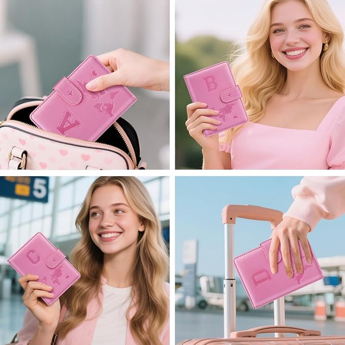 Passport Holder Cover Initail Letter A-Z Travel Wallet Embossed Design RFID Blocking Card Holder Personalized Gift Passport Cover Wallet, Passport Book Holders for Women and Girls, Pink-C