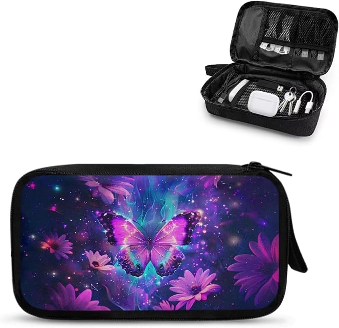 Purple Floral Butterfly Print Electronic Organizer Travel Universal Accessories Storage Bag Portable for Hard Drives, Cables, Memory Sticks, Charger, Phone, USB, SD Cards