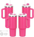 4 Pack 40 Oz Tumblers with Handle Bulk, Double Wall Vacuum Insulated Stainless Steel Tumblers with Lid and Straw, 40 oz Cups with Silicone Spill Proof Stopper Set (Hot Pink)