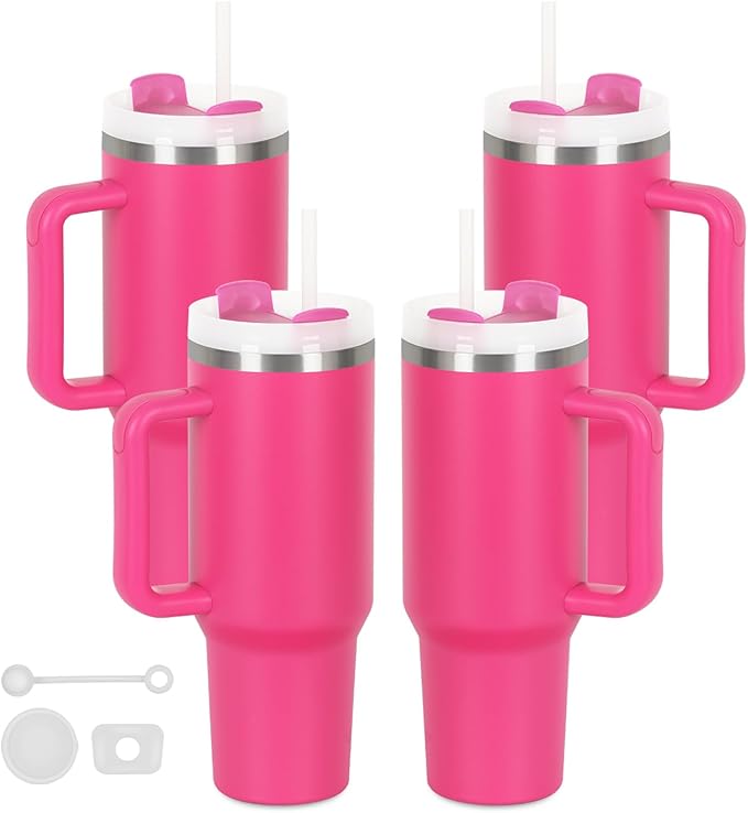 4 Pack 40 Oz Tumblers with Handle Bulk, Double Wall Vacuum Insulated Stainless Steel Tumblers with Lid and Straw, 40 oz Cups with Silicone Spill Proof Stopper Set (Hot Pink)