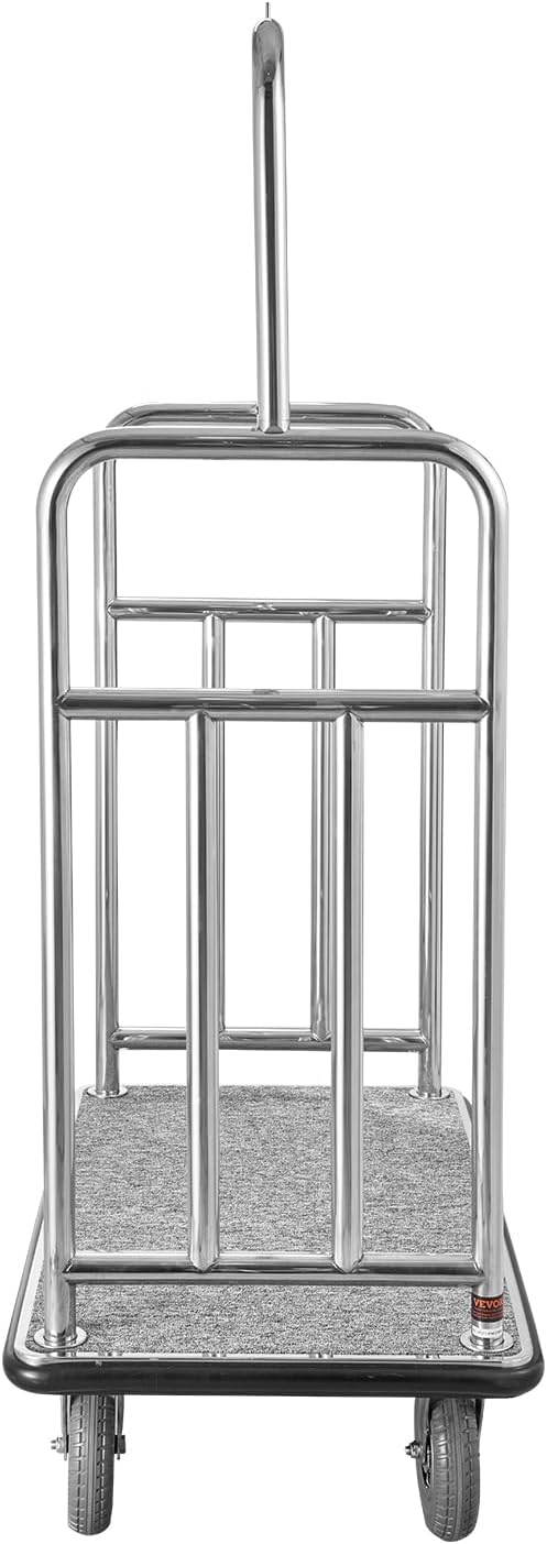 VEVOR Hotel Luggage Cart, Brushed Stainless Steel Finish Bellman's Cart, 1200 LBS Valet Cart with Grey Carpeted Deck and 8-inch Rubber Wheels, Ideal for Hotels, Condos, Resorts, Silver