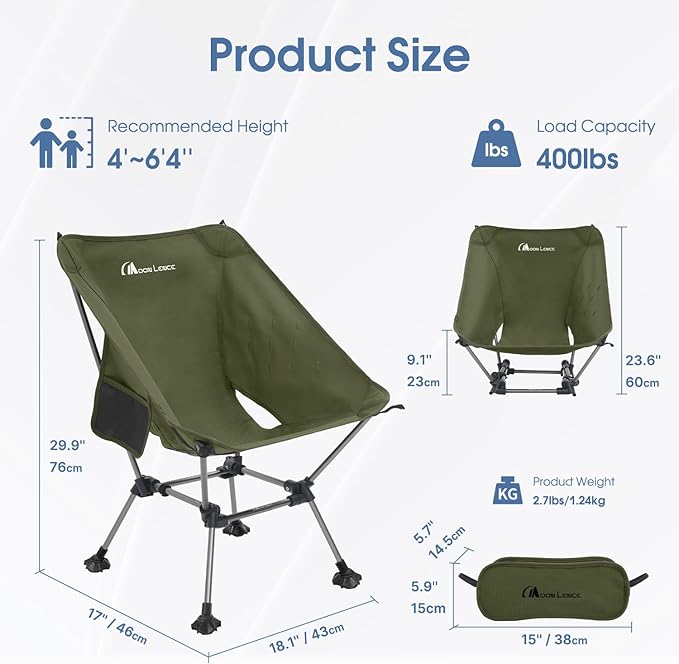 MOON LENCE High Back Folding Camping Chairs, Height-Adjustable, Widened Seat, for Beach with Anti-Sinking Feet (Green-Plus)
