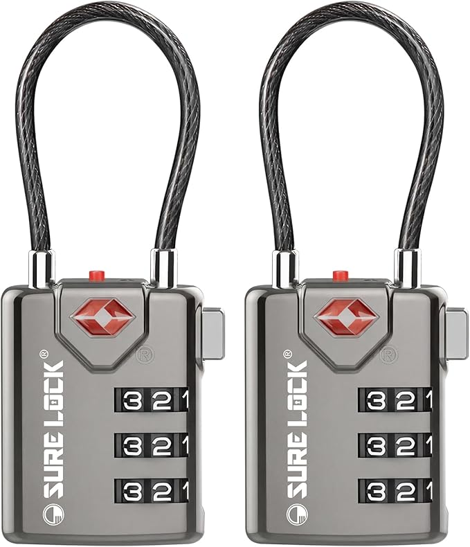 SURE LOCK TSA Approved Combination Luggage Locks with Open Alert Indicator – Durable Zinc Alloy Cable Travel Locks with Large Easy-Read Dials for Suitcases, Backpacks & Gym Bags(Grey 2 Pack)