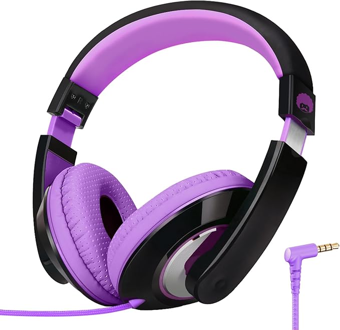 rockpapa Comfort Kids Headphones for School, Lightweight Foldable Portable Childs Boys Girls Teens Headphones Wired 3.5mm with 4.9ft Cord for Travel Airplane Tablet Phone Pad Laptop Black/Purple