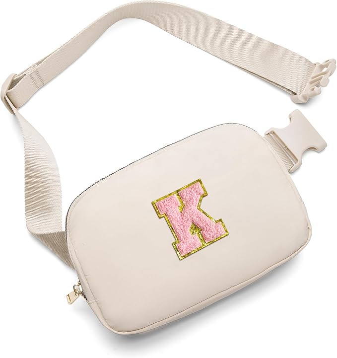 Gitus Belt Bag Fanny Pack Crossbody Bags with Initial Letter Patch Cute Stuff Birthday Gifts for Teenager Girls Trendy Preppy Stuff for Teen Girls(Beige-K)