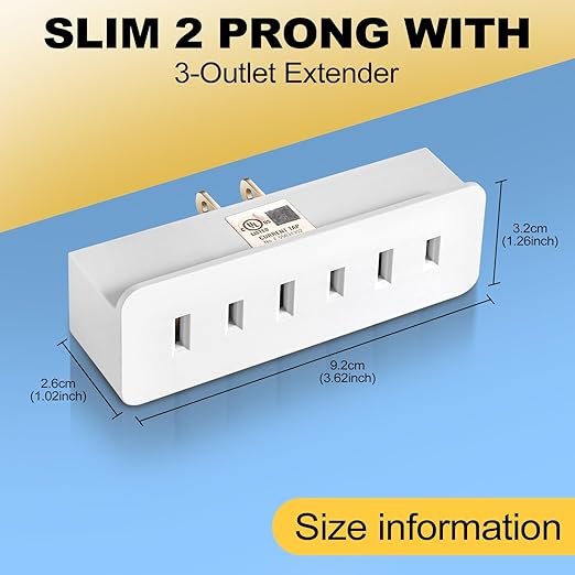UL Listed 2 Prong 3-Outlet Wall Tap, 2 Prong Triple Outlet Converter Plug Extender, Multi-Plug Outlet Adapter, Polarized White, for Living Rooms, Kitchens, Offices and More. (2 Pack)