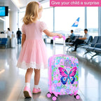 Cute Butterfly Kids Suitcase 2PC Set with 360° Spinner Wheels, Lightweight Travel Carry-On Hardshell Luggage for Girls, Toddler & Elementary Children