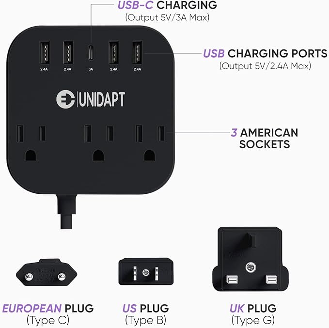 European Plug Adapter, Unidapt US to UK Europe Power Strip for EU/UK/US with USB C and 4 USB Ports, 3 AC Outlets, Wall Mountable, 5ft Extension Cord, for Travel Cruise Ship Home (Black)