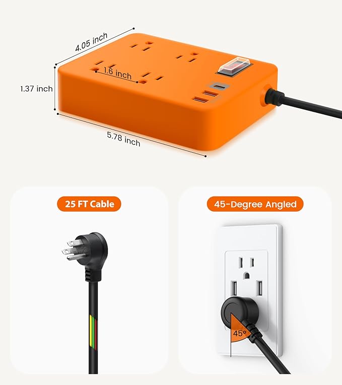 Outdoor Power Strip Weatherproof,Fast Charging Station 20W USB C,Waterproof Surge Protector 4 Outlets, Multi Outlet Extension for Camping, Garden, Kitchen,Bathroom,Flat Plug (Orange, 25 FT Cable)