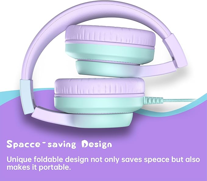 Candy Bila Kids Headphones, Wired Headphones for Kids Over Ear with Microphone, 85/94dB Volume Limiter Headphone for Girls Boys, Foldable Headphone for Learning & Entertainment,Gradient Purple