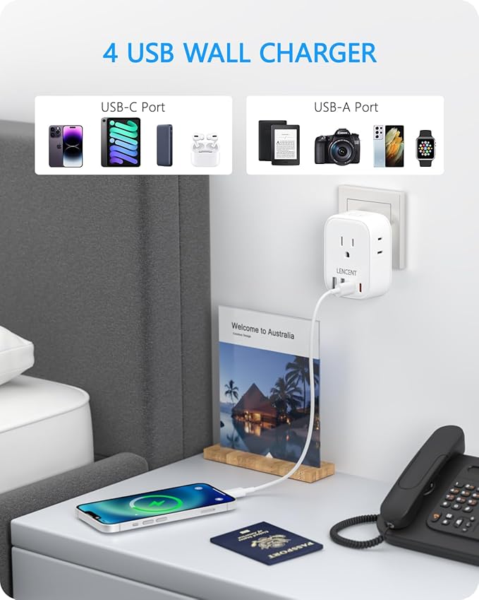 LENCENT Australia New Zealand Power Plug Adapter, US To Australia Plug Adapter with 4 Outlets, 4 USB Ports(2 USB C), Type I Plug Converter for US to AU Argentina China Fiji, Travel Essentials