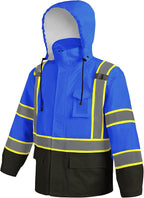 Hi Vis Safety Rain Jacket for Men Women Waterproof Breathable Rain Gears with Mesh Lining Black Bottom Lightweight Work Jacket Blue L/XL