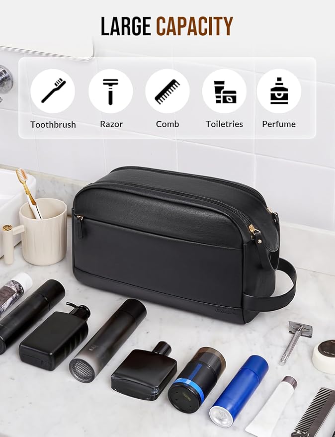 Large PU Leather Toiletry Bag for Men - Water Resistant Travel Bag for Toiletries, Bathroom Essentials, Accessories - Black