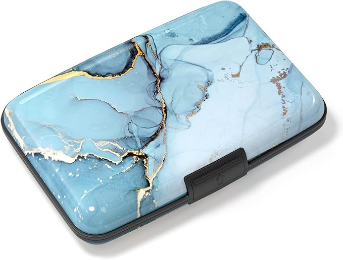 Credit Card Holder, Mini Aluminum Card Wallet RFID Blocking Slim Metal Hard Card Case for Women Men, Blue Marble