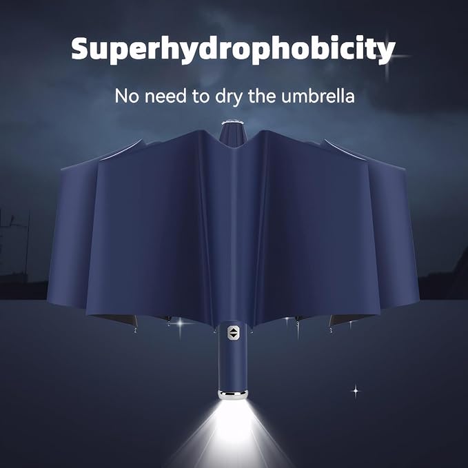 Maizoon Folding Umbrella with Led Flashlight 10 Ribs Fiberglass Frame Auto Open Close Waterproof UV Resistant Rotation Handle