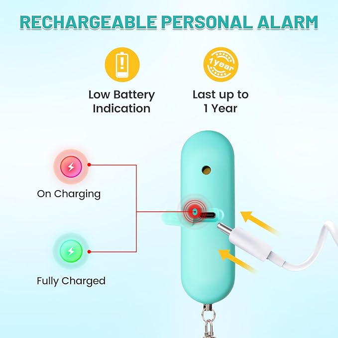Personal Safety Alarm - Waterproof Rechargeable Security Alarm - 140dB Extra Loud Siren & Strobe Light - Self Defense Keychain - Gift for Women, Teenagers, College Girls, Seniors（Aqua+Aqua）