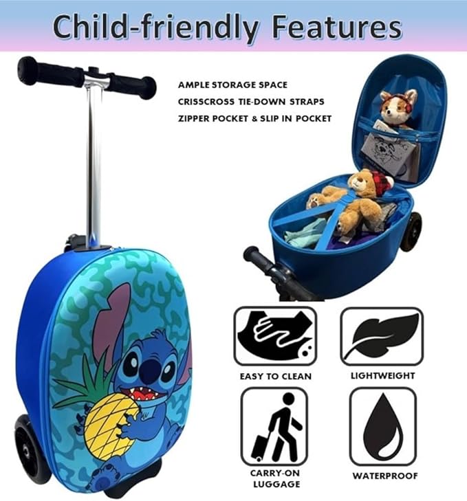 Fast Forward Stitch 18" Ride-On Suitcase Scooter - Lightweight Carry-On Foldable Scooter Luggage