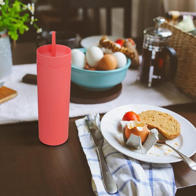 Volhoply 20oz Plastic Skinny Tumbler,Double Wall Tumblers with Lid and Straw,Reusable Travel Iced Coffee Mug,BPA Free Matte Acrylic Water Cups With Straw for Parties,DIY Gifts(Red, 1 Set