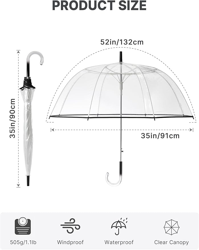 G4Free 52 inch Clear Bubble Umbrella, Large Canopy Transparent Dome Coverage Stick Umbrella, J Hook Handle European Style for Weddings,Prom,Graduation and Outdoor Events