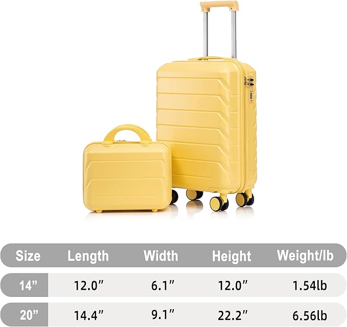 20 Inch Carry on Luggage with 14 Inch Cosmetic Case, 2 Pcs Hardshell Lightweight Durable Spinner Suitcase Set for Travel, Women, Men, TSA Lock, ABS, 20+14 Inch (Yellow)