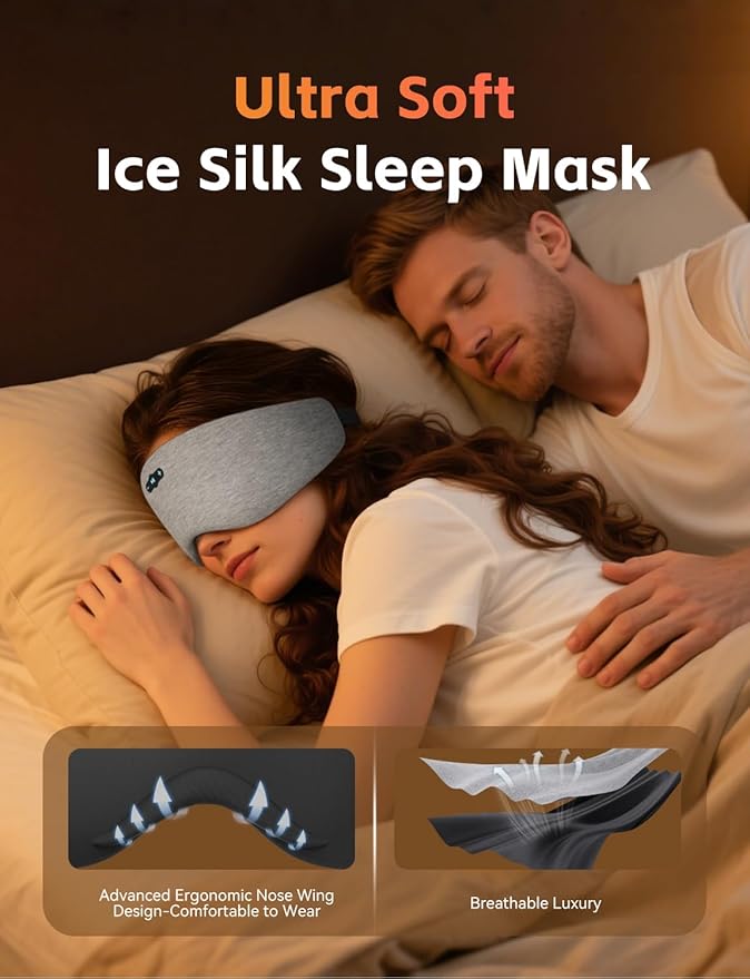 Sleep Mask with Bluetooth 6.0 Headphones, 20H Playtime Sleeping Headphones for Side Sleepers, Adjustable Blackout Eye Mask for Travel Meditation, Noise-Reducing Sleep Mask Gifts for Women Men, Gray
