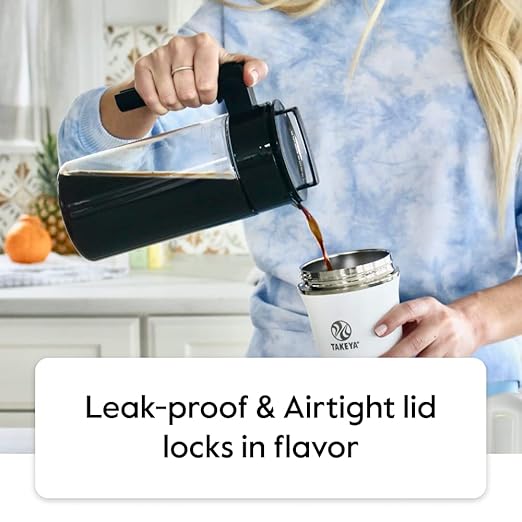 Takeya Deluxe Cold Brew Coffee Maker - BPA-Free Tritan Pitcher with Airtight Leakproof Lid, Silicone Grip Handle, Fine-Mesh Filter - Shatter-Proof, Dishwasher Safe, Made in USA - 1 Quart/White