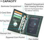 CONTACTS Full Grain Leather Passport Holder RFID Blocking Travel Passport Wallet Compatible with Airtag Passport Cover Case with 4 Cards Slots, Coin Pocket (Green)