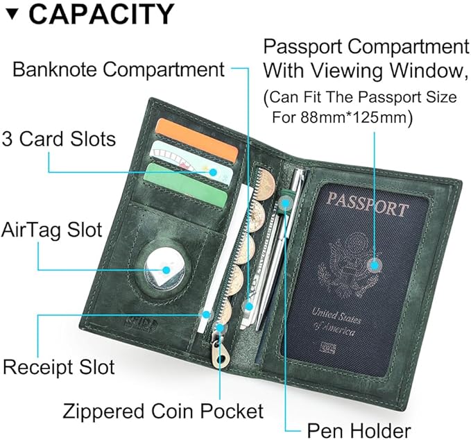 CONTACTS Full Grain Leather Passport Holder RFID Blocking Travel Passport Wallet Compatible with Airtag Passport Cover Case with 4 Card Slots, Coin Pocket (Badge, Green)