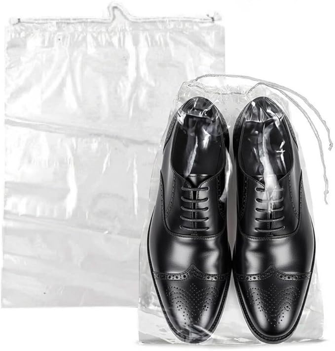 Clear LDPE Drawstring Bags (25 Pack) (13.75" x 17.5") 2 Mil Disposable Transparent Plastic with Double Cotton White Strings. Shoe Bags for Travel Large Storage Organizers Pouch (25)