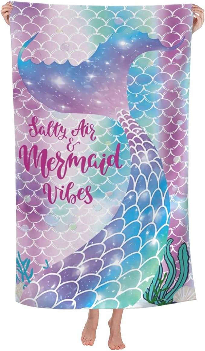 COMFAR Mermaid Microfiber Beach Towels for Girls/Kids Personalized Beach Towels for Toddler/Baby, Cute Beach Towel, Thin Quick Dry Pool Towel 30"x 60"
