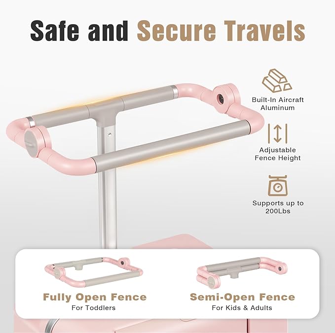 smilesun 20" Adjustable Fence Luggage with Seat, Carry On Suitcase for Kids & Adults, 200lbs Support, 360° Silent Wheels with TSA Lock, Tablet & Cup Holder(Pink)