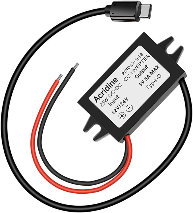 DC 12V/24V to 5V 5A 25W USB-C Step Down Converter Buck Module Adapter(1-Pack)