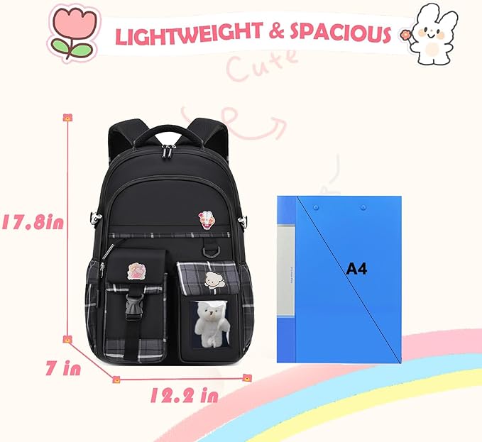 PRLINJSK Girls Backpack，Cute School Backpack for Girls Kids Teens，Kawaii Bookbag for Primary Elementary，Black