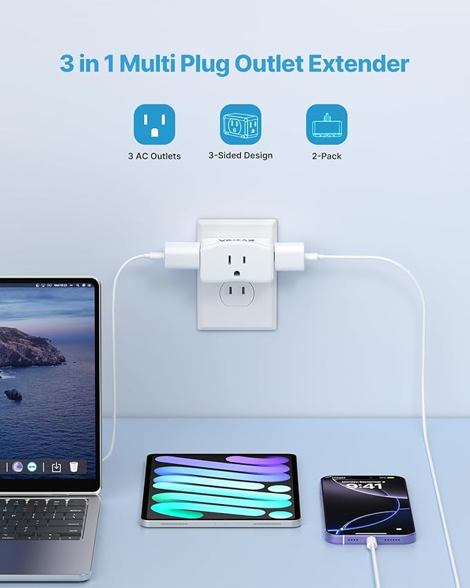 2 Prong to 3 Prong Outlet Adapter, VINTAR 2 Prong Power Strip with 3 AC Outlets (1875W/15A), Polarized Plug, Wall Plug Extender for Non-Grounded Outlet in Old House, Cruise Essentials, 2 Pack