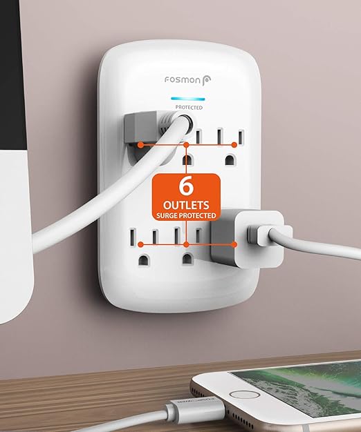 Fosmon 6-Outlet Power Strip Surge Protector 1200 Joules, Wall Mount Adapter Tap, Multi-Plug Outlet Wall Charger Extender, Charging Station, ETL Listed for Home, Dorm Room & Office (2 Pack) - White