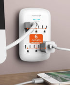 Fosmon 6-Outlet Power Strip Surge Protector 1200 Joules, Wall Mount Adapter Tap, Multi-Plug Outlet Wall Charger Extender, Charging Station, ETL Listed for Home, Dorm Room & Office (2 Pack) - White